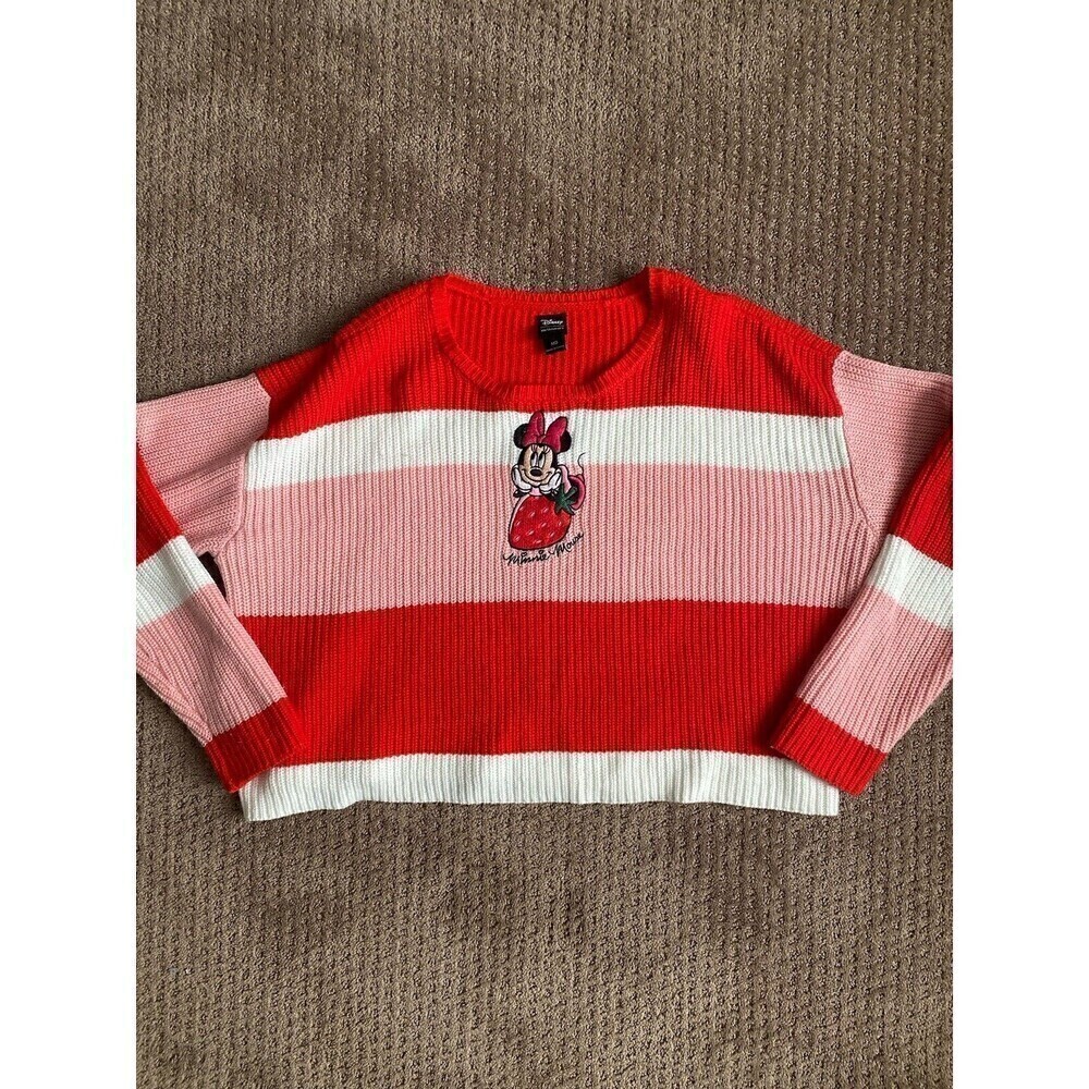Disney Her Universe Strawberry Minnie Sweater Boxy Striped Red Pink Cropped